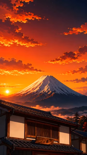 Snow-covered mountain rises above a traditional wooden building beneath a dramatic orange and navy sunset sky.