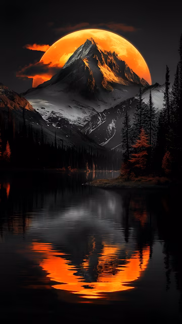 Snowy Mountain and Lake Under Giant Orange Moon - Free 4K & 8K Mobile Wallpaper