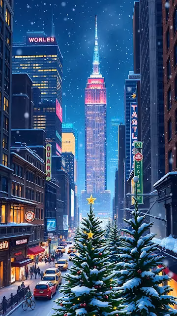 Snowy NYC Street with Empire State Christmas Tree - Free 4K & 8K Mobile Wallpaper