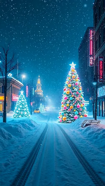 Snowy Street with Glowing Christmas Trees at Night - Free 4K & 8K Mobile Wallpaper
