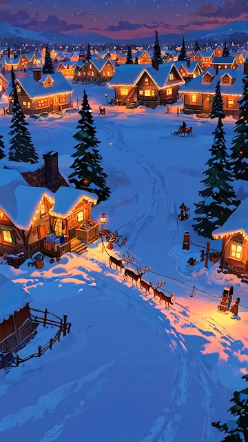 Snowy Village at Night with Reindeer Sleigh and Glowing Homes - Free 4K & 8K Mobile Wallpaper