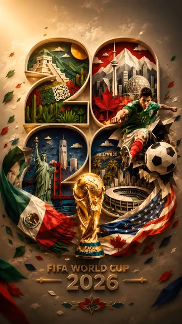 Soccer player kicking ball near a gold trophy framed inside large number shapes showing international landmarks and national flags.