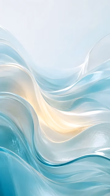 Soft aqua and white glass-like waves surround a pale yellow glow.