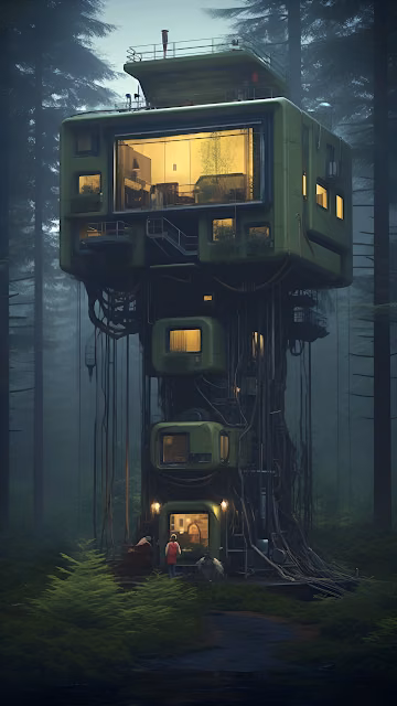 Solarpunk Modular Habitat in Misty Evergreen Forest - Free 4K & 8K Mobile Wallpaper