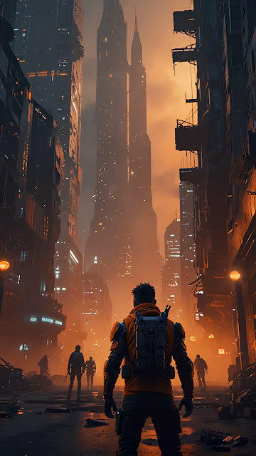 Soldier Gazing at Towering Skyscrapers in Dystopian City - Free 4K & 8K Mobile Wallpaper