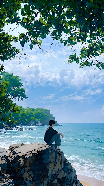 Solitary Anime Character on Cliff Edge Overlooking Turquoise Ocean - Free 4K & 8K Mobile Wallpaper