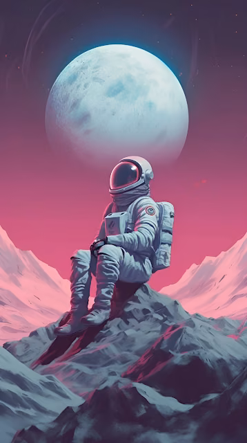Solitary Astronaut Resting on Alien Planet under Giant Moon - Free 4K & 8K Mobile Wallpaper