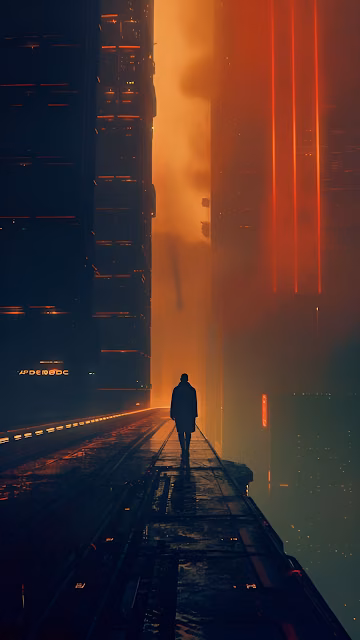 Solitary Figure Cyberpunk City Rooftop Orange Fog Dystopia - Free 4K & 8K Mobile Wallpaper