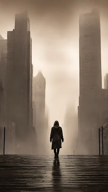 Solitary Figure in Foggy Dystopian City Street Sepia - Free 4K & 8K Mobile Wallpaper