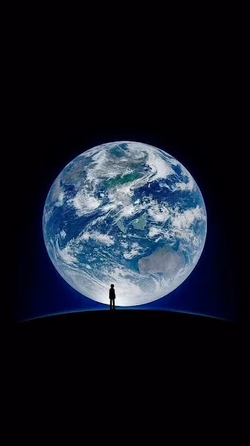 Solitary Figure Gazing at Giant Earth Sphere in Deep Space - Free 4K & 8K Mobile Wallpaper