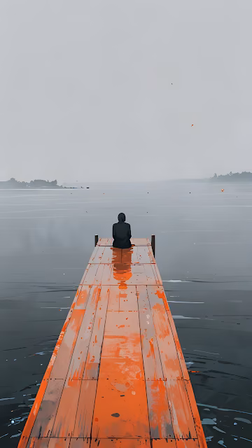 Solitary Figure Orange Pier Misty Gray Lake Minimalist - Free 4K & 8K Mobile Wallpaper