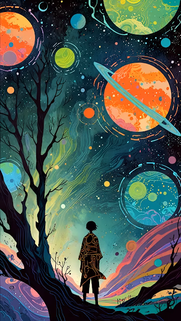 Solitary Figure in Psychedelic Cosmic Forest Landscape - Free 4K & 8K Mobile Wallpaper