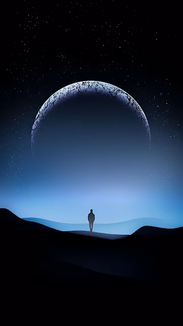 Solitary Figure Under Massive Alien Planet Minimalist Art - Free 4K & 8K Mobile Wallpaper