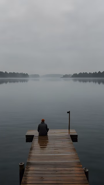 Solitary Figure on Wooden Dock Over Calm Misty Lake - Free 4K & 8K Mobile Wallpaper