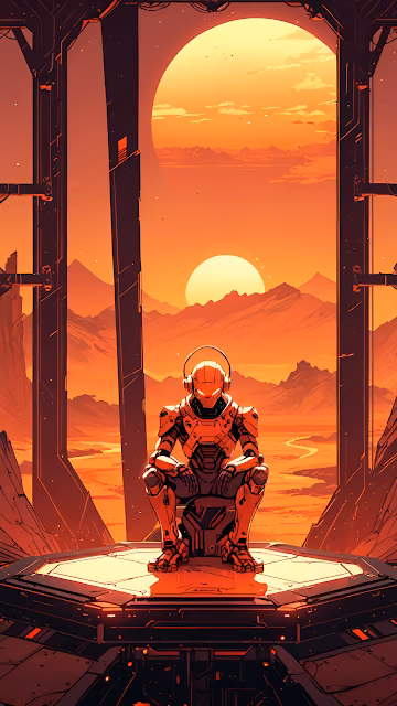 Solitary Robot Meditating on Mars Alien Desert Sunset - Free 4K & 8K Mobile Wallpaper