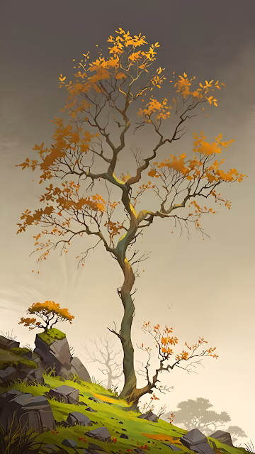 Solitary Tree with Golden Leaves on Rocky Hillside - Free 4K & 8K Mobile Wallpaper