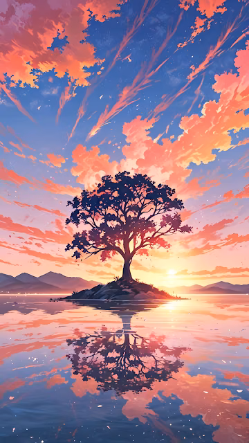 Solitary Tree on Island Under Fiery Sunset Sky - Free 4K & 8K Mobile Wallpaper