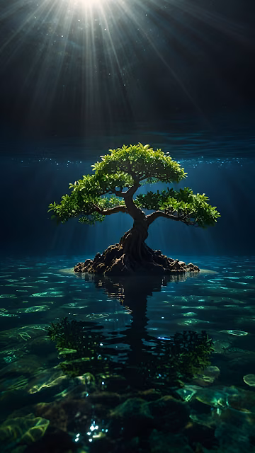 Solitary Tree on Rock Island Under Sunlit Water - Free 4K & 8K Mobile Wallpaper