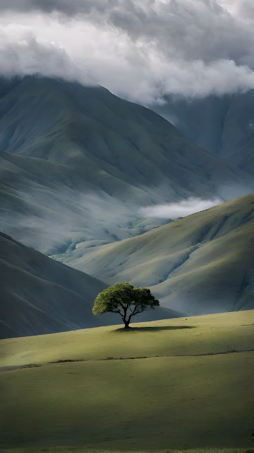 Solitary Tree on Rolling Green Hills Under Clouds - Free 4K & 8K Mobile Wallpaper