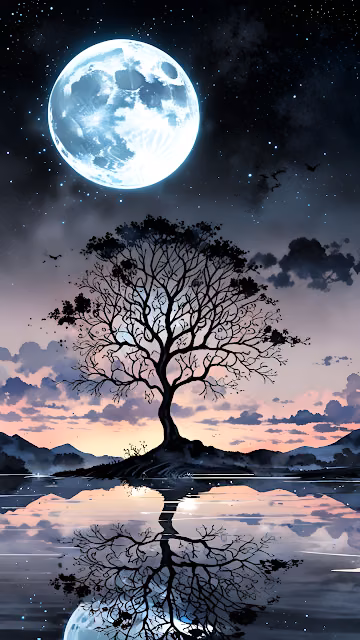 Solitary Tree Silhouette Under Giant Blue Full Moon - Free 4K & 8K Mobile Wallpaper