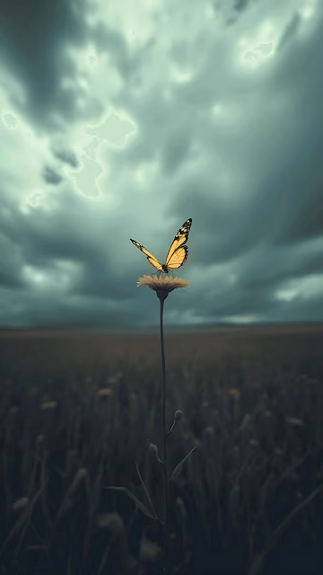 Solitary Yellow Butterfly on Flower Under Stormy Teal Sky - Free 4K & 8K Mobile Wallpaper