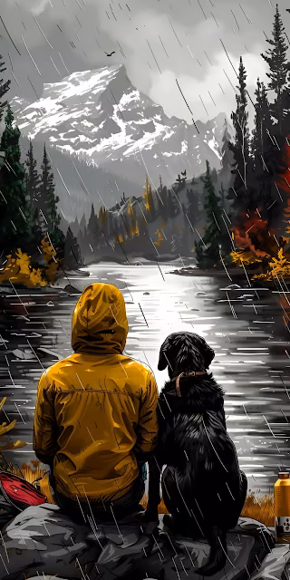 Solitude with Dog in Rainy Mountain Wilderness Illustration - Free 4K & 8K Mobile Wallpaper