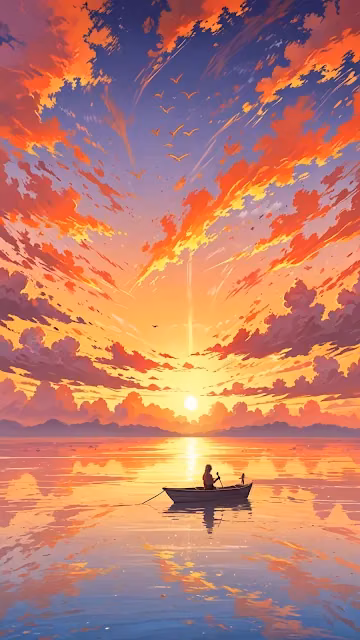 Solitude on Water at Sunset with Fiery Orange Clouds Art - Free 4K & 8K Mobile Wallpaper