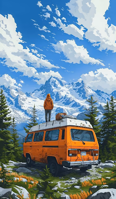 Solo Traveler on Camper Van Roof Gazing at Snowy Peaks - Free 4K & 8K Mobile Wallpaper