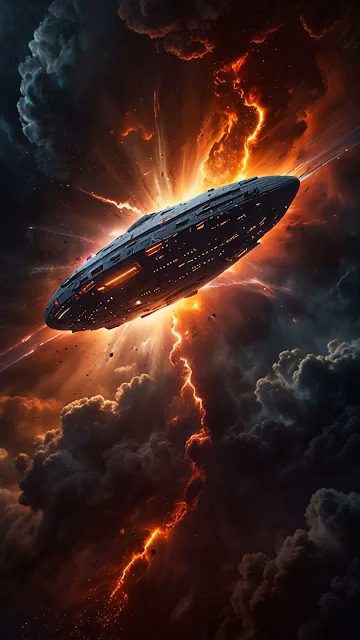 Spaceship Emerging from Fiery Cosmic Storm - Free 4K & 8K Mobile Wallpaper