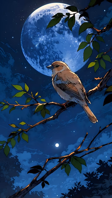 Sparrow Perched on Branch Under Giant Blue Moon Illustration - Free 4K & 8K Mobile Wallpaper