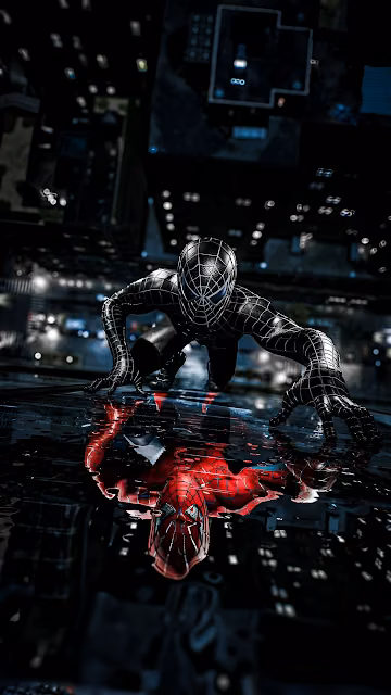 Spider Man in Black Suit Crouches Over Reflective Surface - Free 4K & 8K Mobile Wallpaper