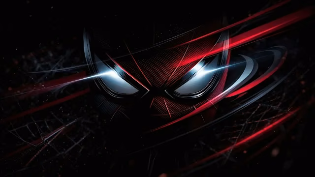 Close-up of Spider-Man mask with bright glowing white-cyan eyes surrounded by red light streaks on black background.
