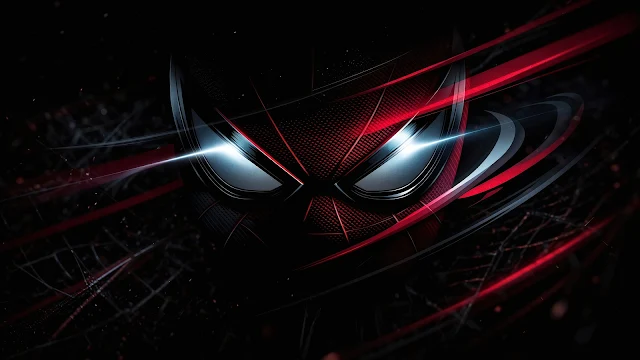 Spider-Man's eyes glow with bright cyan light from behind a textured black and red tactical mask. Close-up of Spider-Man mask with bright glowing white-cyan eyes surrounded by red light streaks on black background.