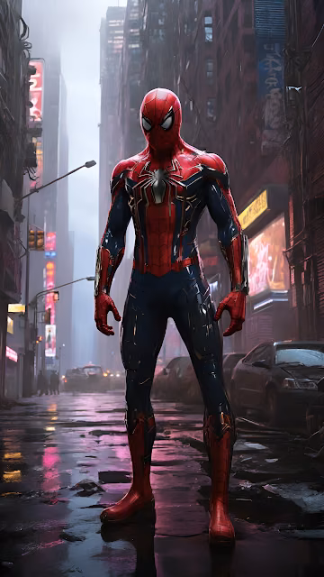 Spider Man Standing in Rainy Neon City Alley at Night - Free 4K & 8K Mobile Wallpaper