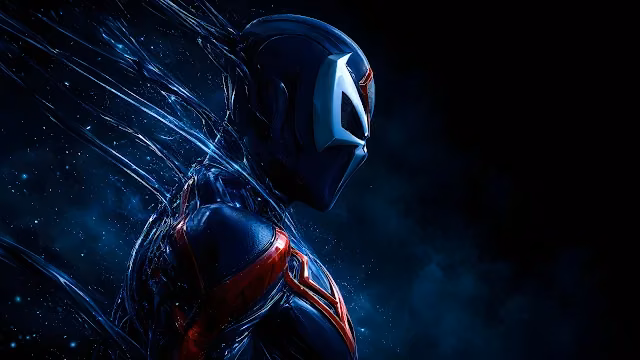 Side profile of Spider-Man 2099 wearing a glossy dark suit with angular white eye lenses and red chest accents.