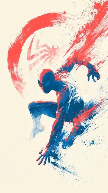 Spider-Man leaps dynamically in an energetic red and blue ink splash watercolor illustration. Spider-Man in a dynamic crouch pose illustrated with blue and red watercolor ink splatters on cream paper.
