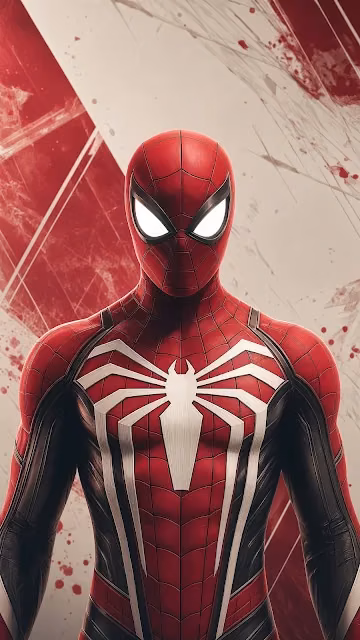 Spider-Man poses in an advanced suit featuring a prominent white spider crest on a graphic red background. Frontal portrait of Spider-Man wearing a red and blue costume with a prominent white spider symbol.