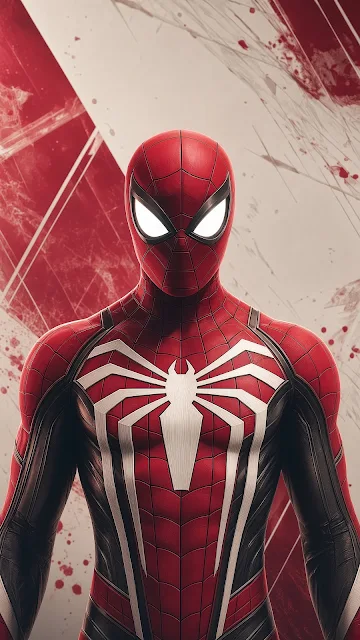 Frontal portrait of Spider-Man wearing a red and blue costume with a prominent white spider symbol.