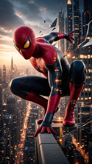 Spider-Man perches on a high skyscraper ledge overlooking a glowing urban metropolis at sunset. Spider-Man perched on a building girder overlooking illuminated skyscrapers during twilight.