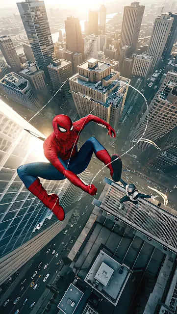 High-angle view of Spider-Man diving between city skyscrapers with web lines trailing against morning light.