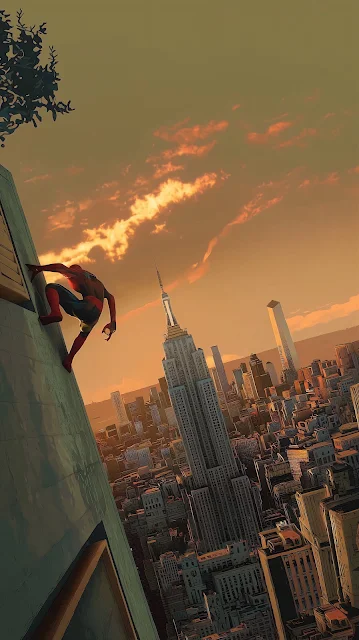 Spider-Man scales a high skyscraper overlooking the New York City skyline at golden hour sunset. Spider-Man climbing the side of a tall skyscraper with the Empire State Building and city skyline at sunset.