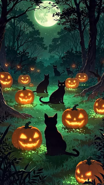 Spooky Halloween Forest with Glowing Pumpkins and Black Cats - Free 4K & 8K Mobile Wallpaper