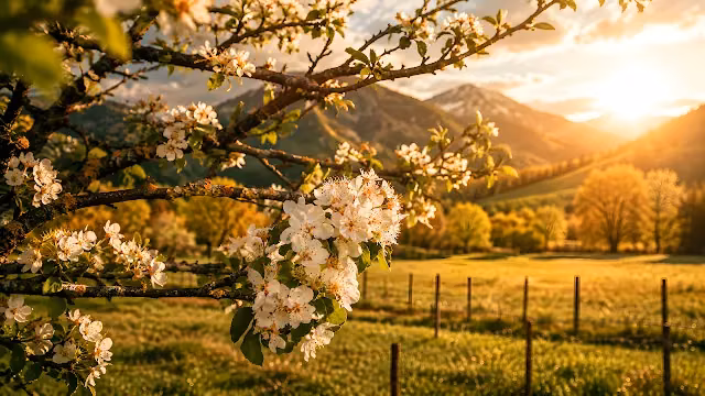 White spring tree blossoms in the foreground with a sunlit green pasture, fence, and mountains in the background.