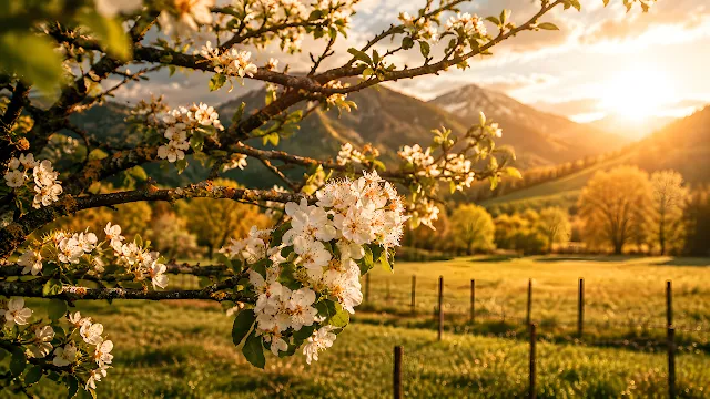 White spring blossoms in focus against a sunlit meadow and distant mountains at sunset. White spring tree blossoms in the foreground with a sunlit green pasture, fence, and mountains in the background.