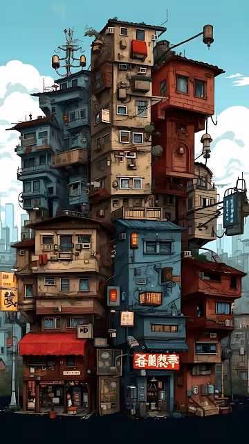 Stacked Cityscape Illustration: Overgrown Urban Architecture Art - Free 4K & 8K Mobile Wallpaper