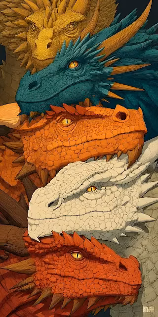 Stacked Heads of Five Vibrant Colored Dragons - Free 4K & 8K Mobile Wallpaper