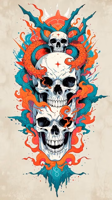Stacked Skulls Art with Neon Teal and Orange Smoke Elements - Free 4K & 8K Mobile Wallpaper
