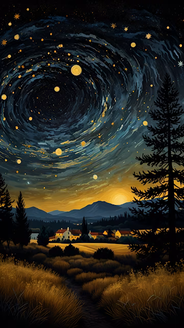 Starry Night Inspired Village Landscape Painting Style - Free 4K & 8K Mobile Wallpaper