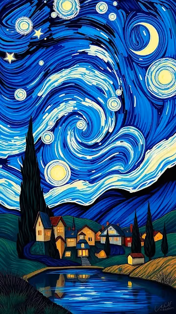 Starry Night Sky Over Village with Swirling Clouds - Free 4K & 8K Mobile Wallpaper