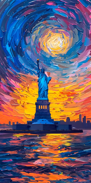 Statue of Liberty Impasto Painting Vibrant Swirling Sunset - Free 4K & 8K Mobile Wallpaper